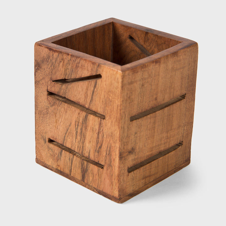 Hand carved square natural acacia wood pen cup holder 3.5x3.5x4 inch with linear cutouts 