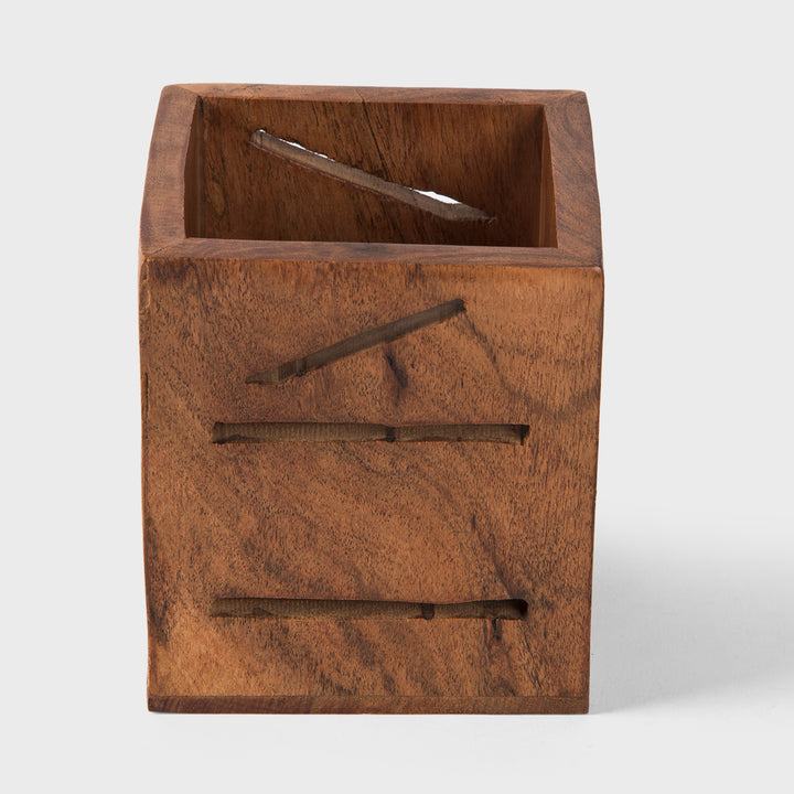 Hand carved square natural acacia wood pen cup holder 3.5x3.5x4 inch with linear cutouts 