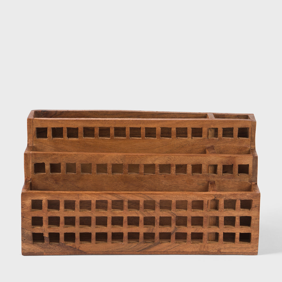 Hand carved natural acacia wood letter rack 13x5.5x6.5 inch with 3 tier grid cutouts
