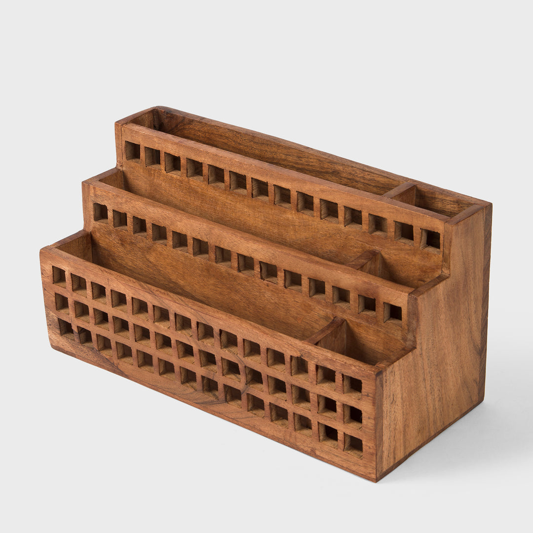 Hand carved natural acacia wood letter rack 13x5.5x6.5 inch with 3 tier grid cutouts