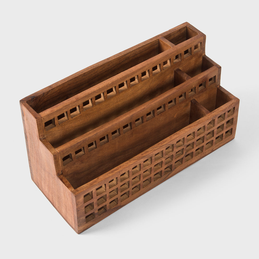 Hand carved natural acacia wood letter rack 13x5.5x6.5 inch with 3 tier grid cutouts