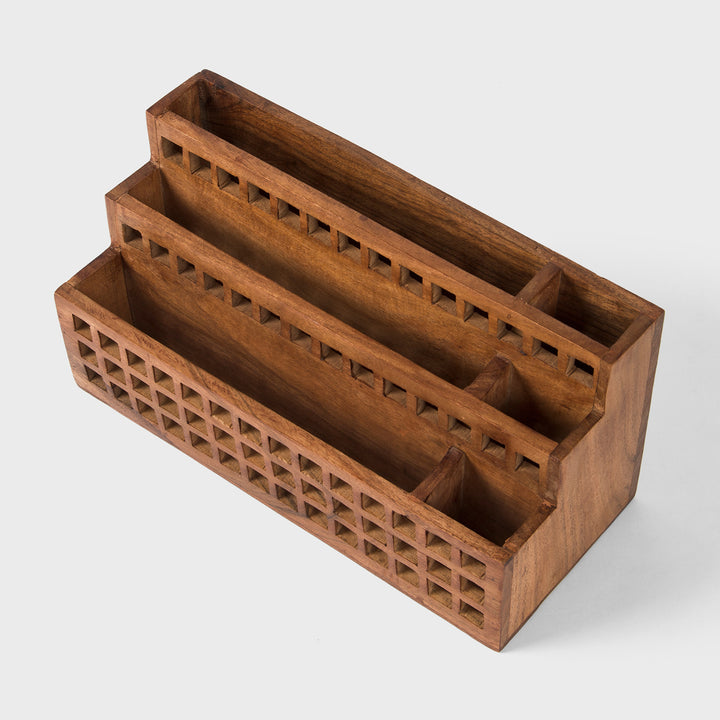 Hand carved natural acacia wood letter rack 13x5.5x6.5 inch with 3 tier grid cutouts