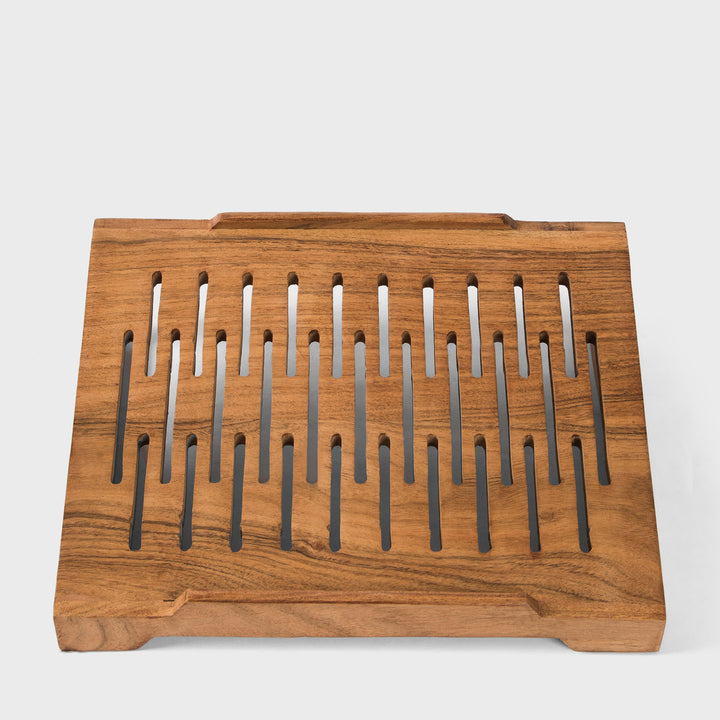  Hand carved natural acacia wood laptop stand with sloped ventilation slots on white background  