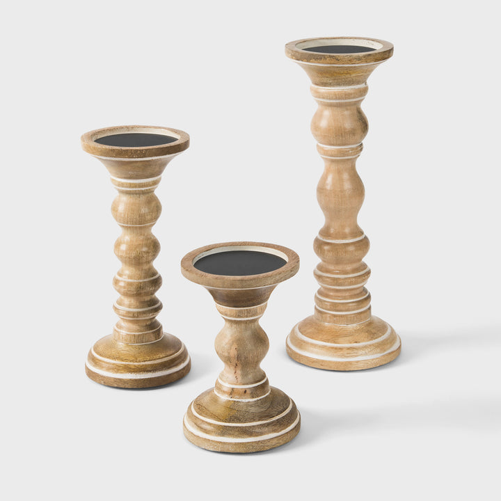 Willow Mango Wood Candleholders – Whitewash Set of 3