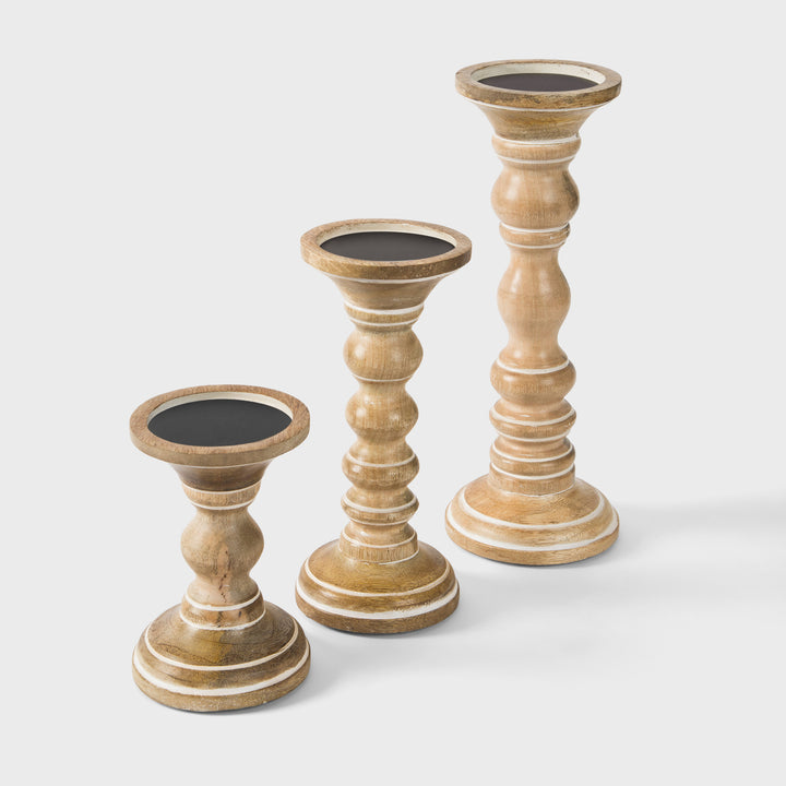 Willow Mango Wood Candleholders – Whitewash Set of 3