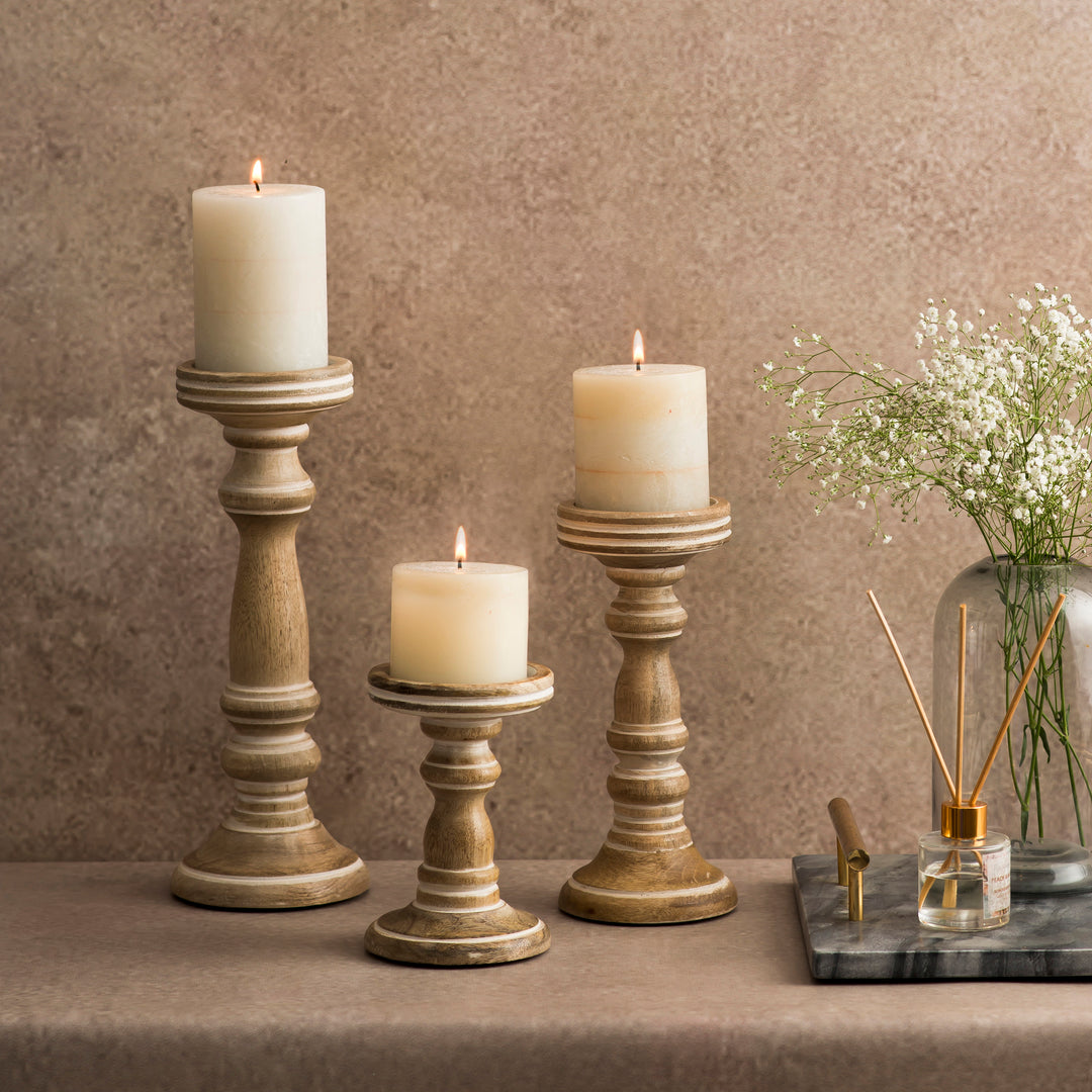Chennai Pillar Candleholder Set - Whitewash