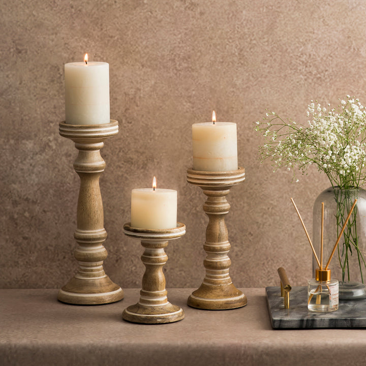 Chennai Pillar Candleholder Set - Whitewash