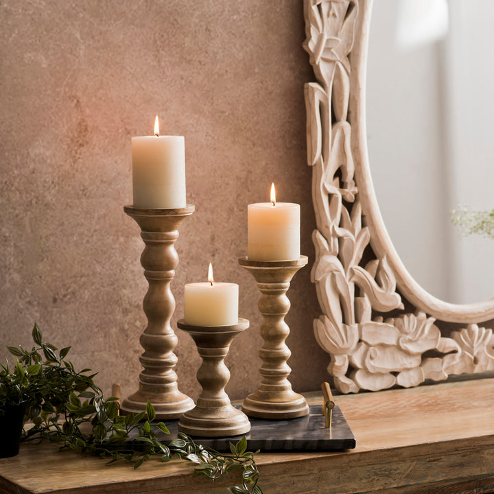 Willow Mango Wood Candleholders – Whitewash Set of 3