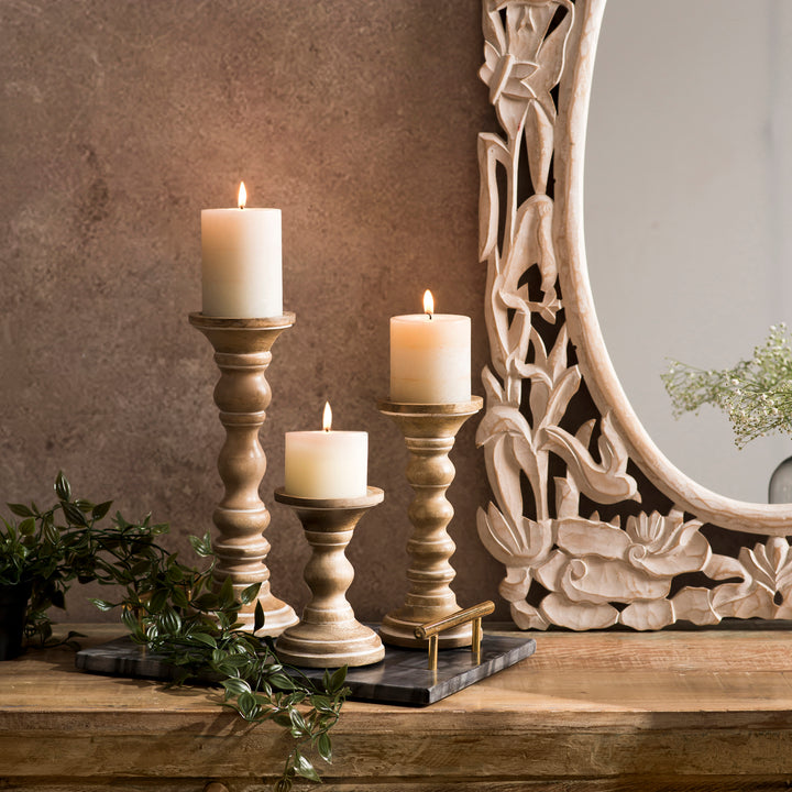 Willow Mango Wood Candleholders – Whitewash Set of 3