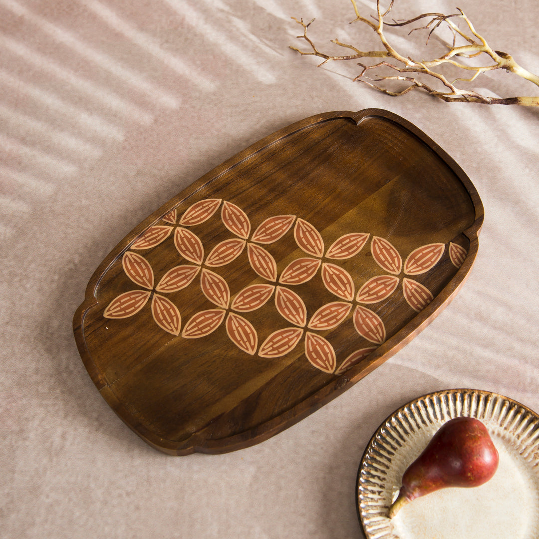 Bamboo Grove wood platter styled on a dining table serving charcuterie and crackers  
