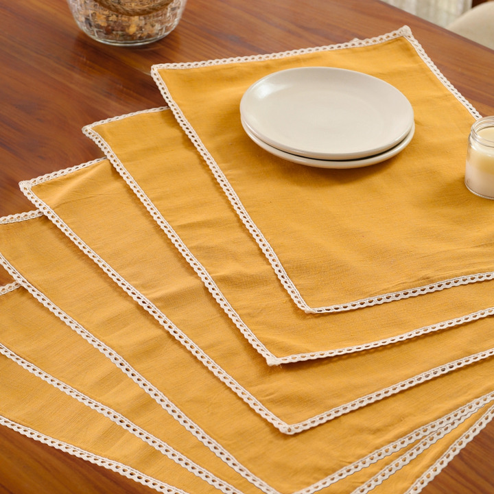 Mustard & Off-White Cotton Crochet Placemats (12" x 18")