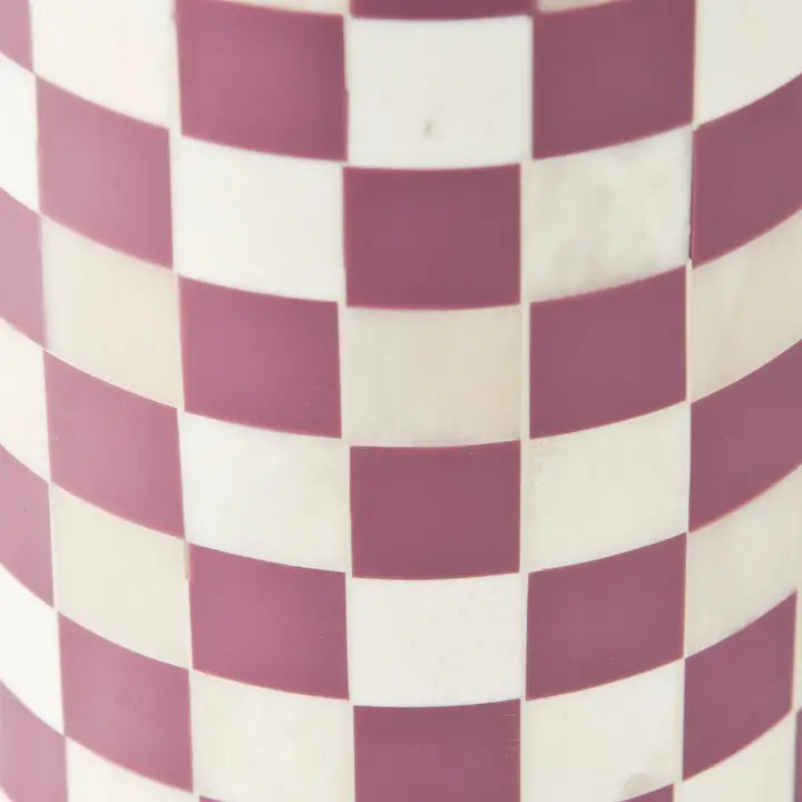 Close-up of lavender and ivory checkered bone inlay pattern