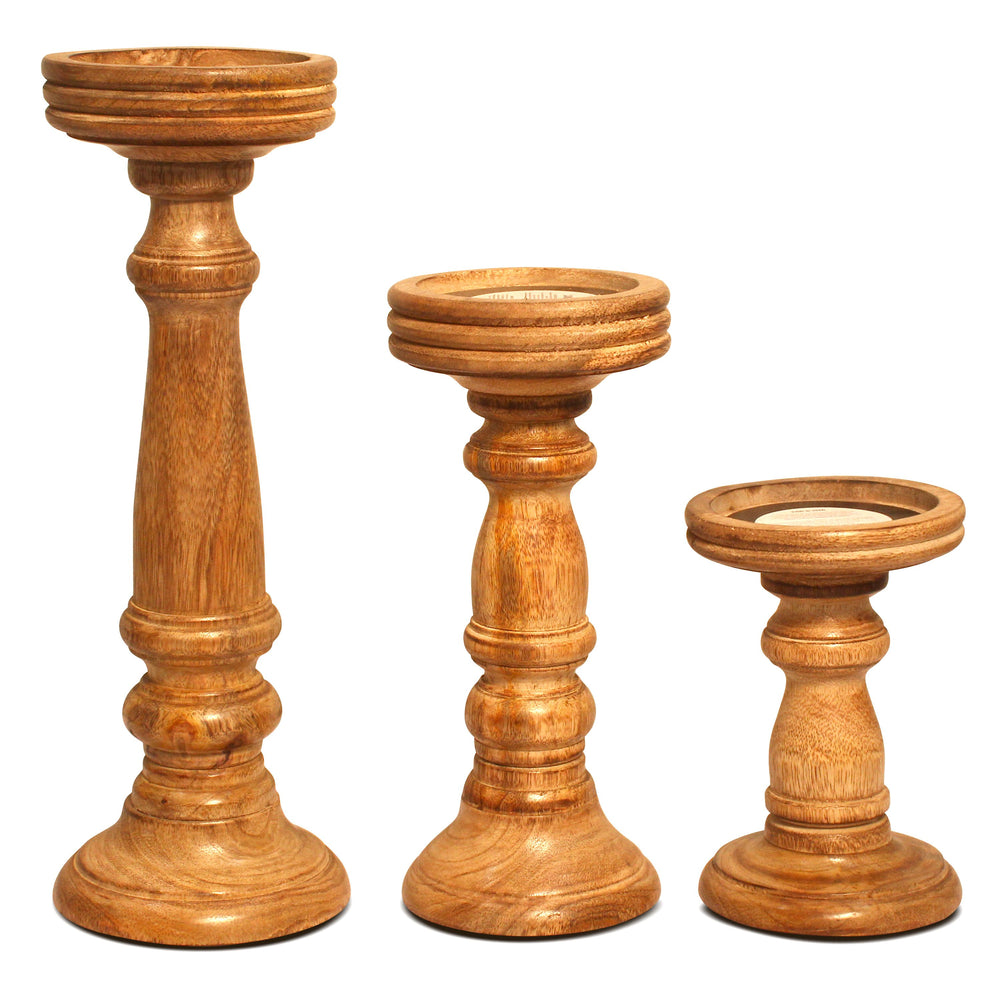 chennai mango wood candleholders, medium polish set of 3
