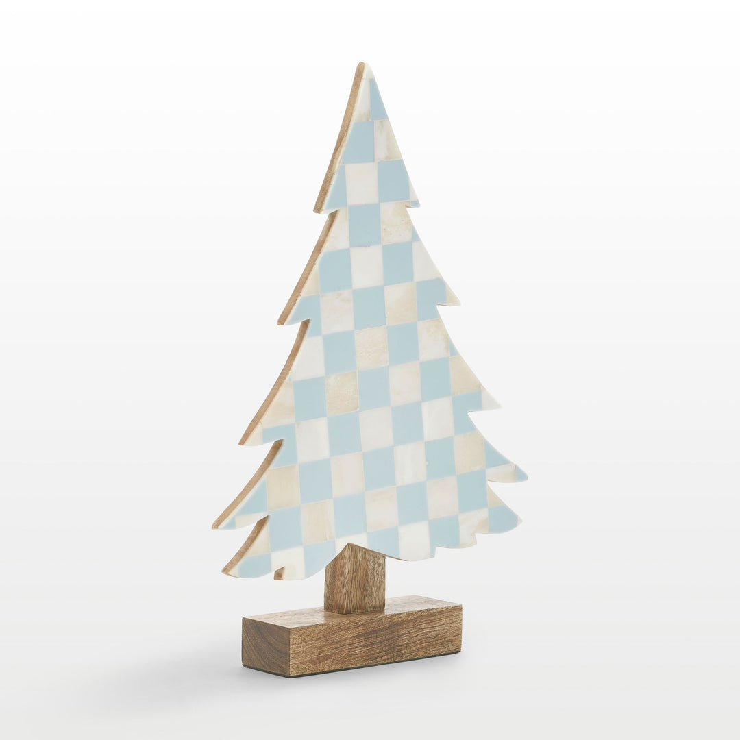 Close-up of handcrafted teal blue resin and white bone inlay checkered pattern texture