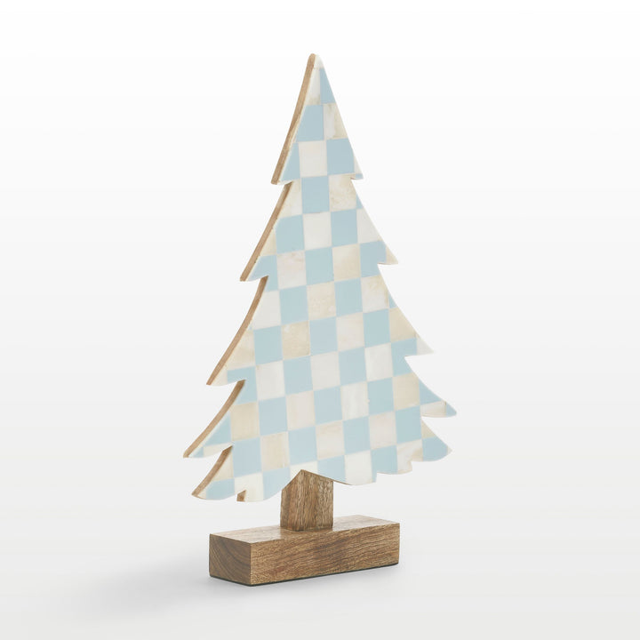 Close-up of handcrafted teal blue resin and white bone inlay checkered pattern texture