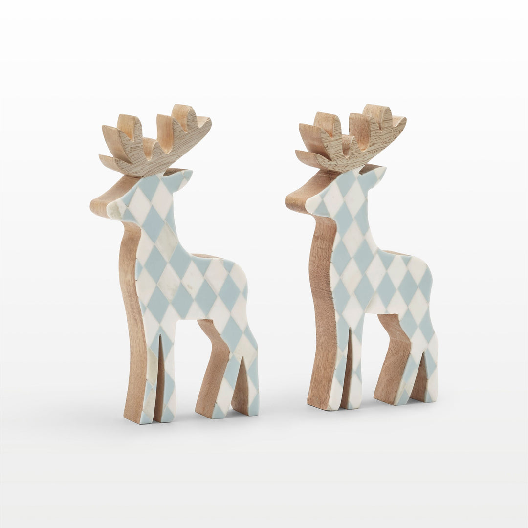Close-up of handcrafted teal resin, white bone inlay diamond pattern, and natural wooden antlers