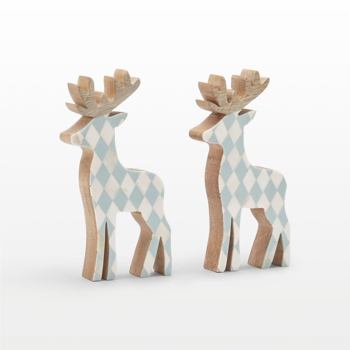 Close-up of handcrafted teal resin, white bone inlay diamond pattern, and natural wooden antlers