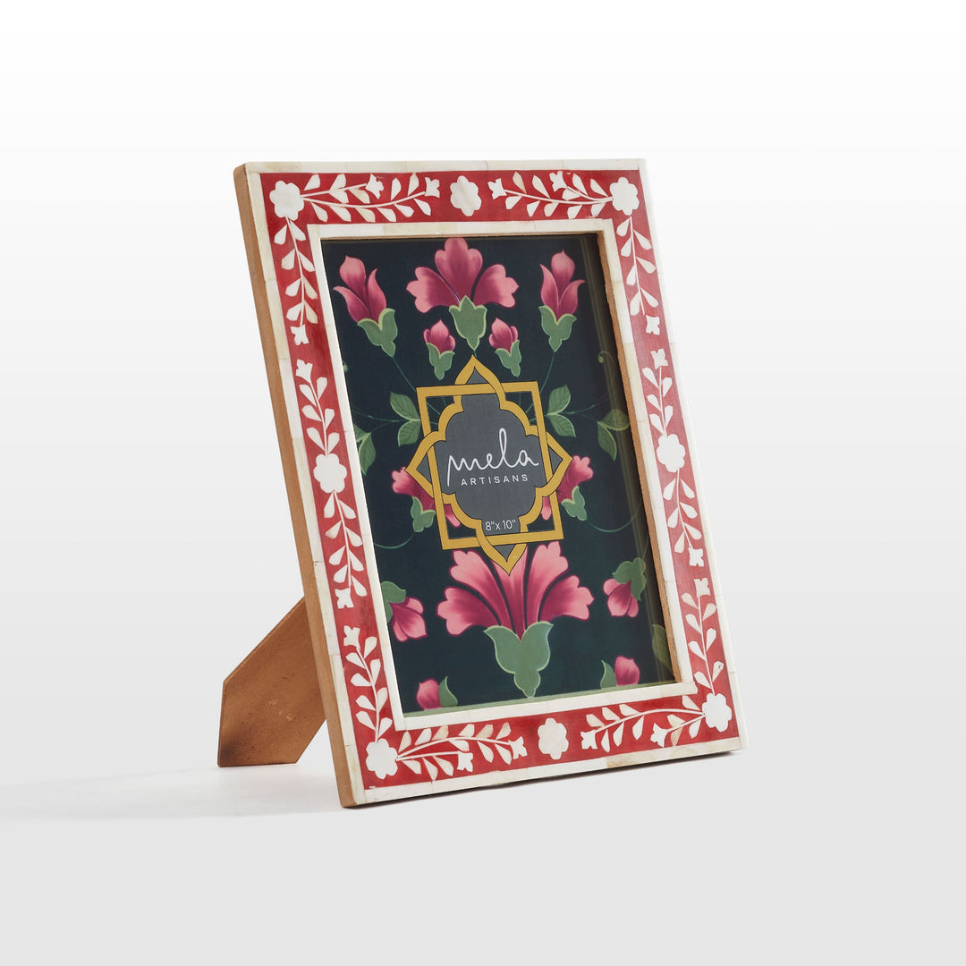  Red and white flora bone inlay photo frames in assorted sizes on white background  