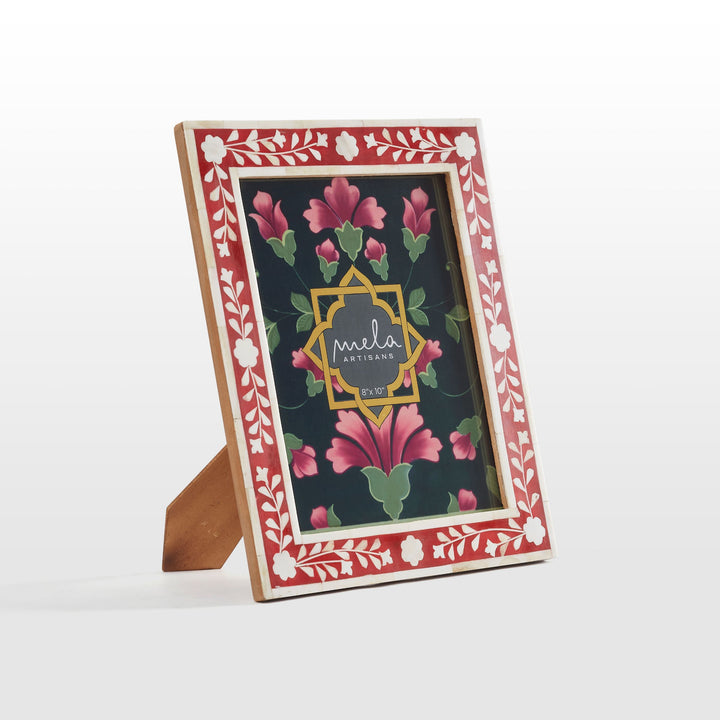  Red and white flora bone inlay photo frames in assorted sizes on white background  