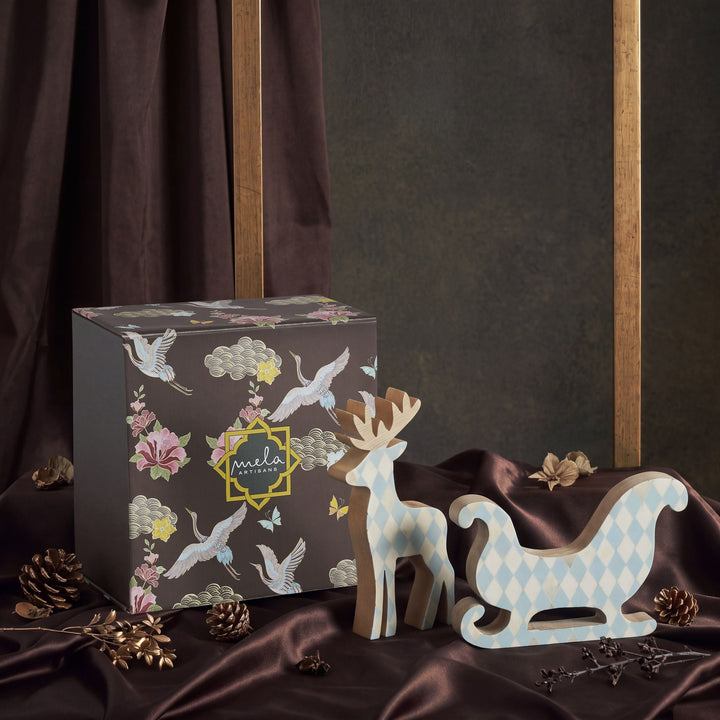 Blue and white frost bone inlay reindeer and sledge set of 2 in signature gift box