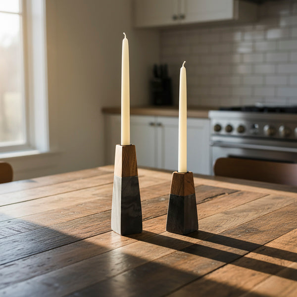 Tapered Black Marble & Acacia Sculptural Candleholders