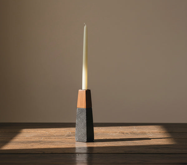 Tapered Black Marble & Acacia Sculptural Candleholders