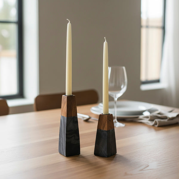 Tapered Black Marble & Acacia Sculptural Candleholders