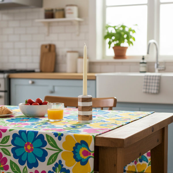 Striped Marble & Acacia Candleholders