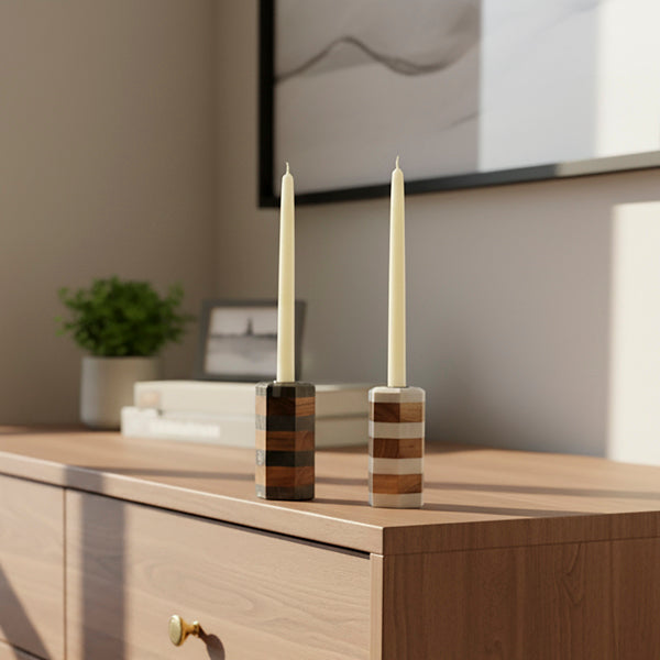 Striped Marble & Acacia Candleholders