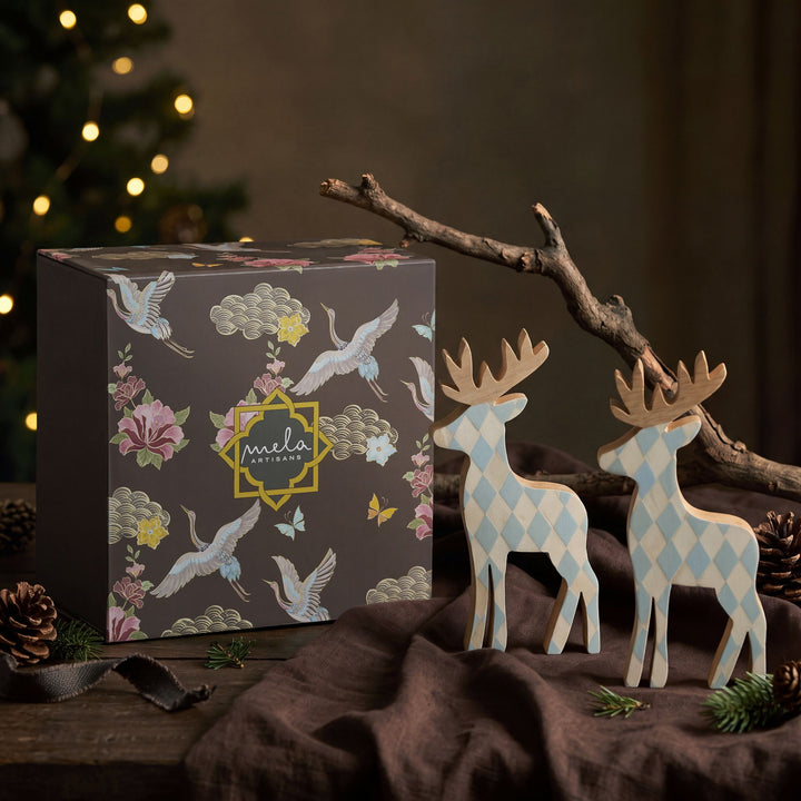 Blue and white frost bone inlay standing reindeer set of 2 with carved wooden antlers in gift box