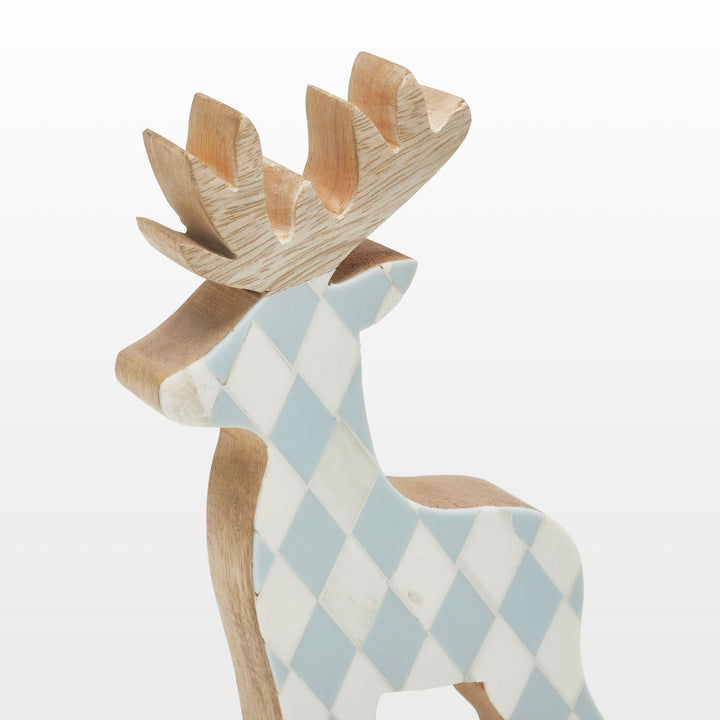 Close-up of handcrafted teal resin, white bone inlay diamond pattern, and natural wooden antlers