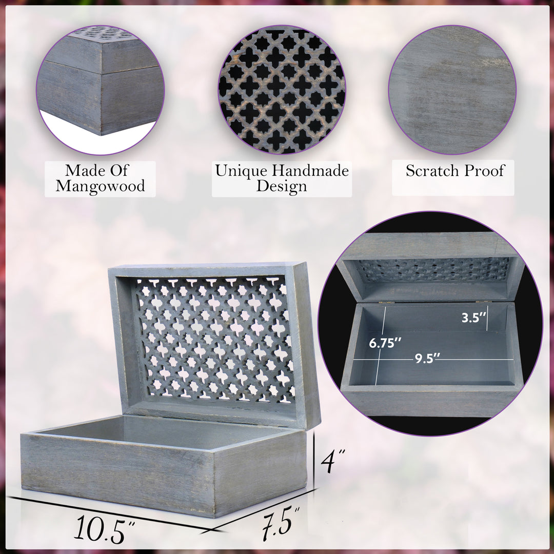 Handcrafted Trellis Mango Wood Keepsake Box, Dove Gray, Extra Large