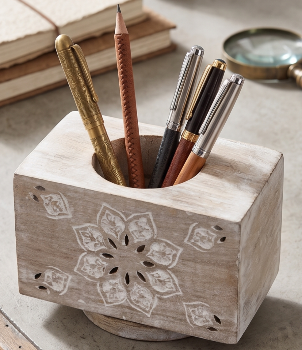 Handcrafted Mango Wood Spinning Pen Holder/Desk Organizer, Whitewash