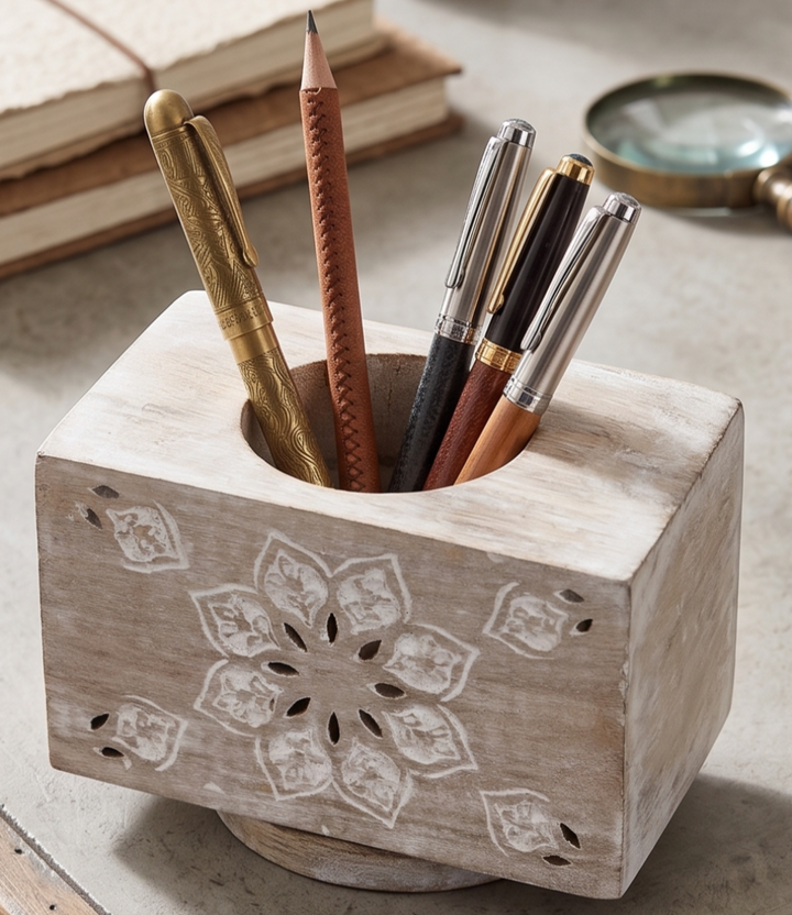 Handcrafted Mango Wood Spinning Pen Holder/Desk Organizer, Whitewash