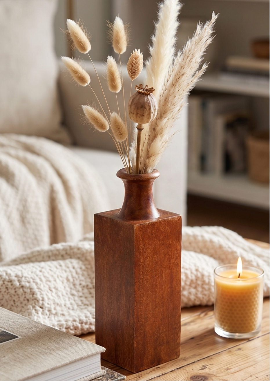 Mangowood decorative vase displayed on wooden coffee table in cozy living room settin