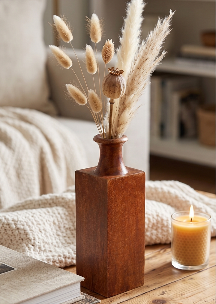 Mangowood decorative vase displayed on wooden coffee table in cozy living room settin