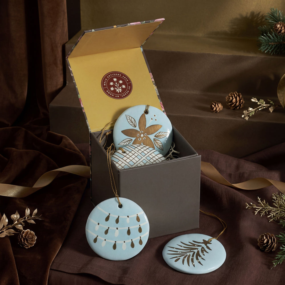 Blue Frost hand-painted paper mache Christmas ornaments set of 4 in gift box