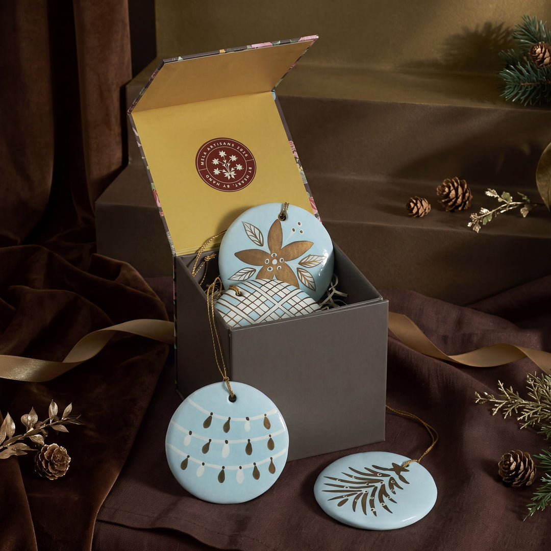 Blue Frost hand-painted paper mache Christmas ornaments set of 4 in gift box