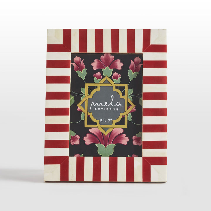 Red and white striped bone inlay photo frame 4x6 inch size on white background  