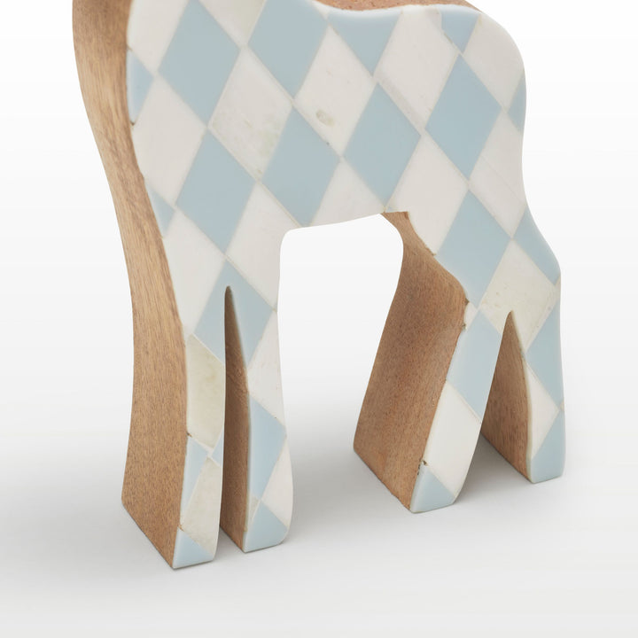 Close-up of handcrafted teal resin, white bone inlay diamond pattern, and natural wooden antlers
