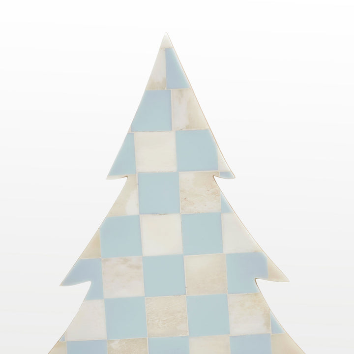 Close-up of handcrafted teal blue resin and white bone inlay checkered pattern texture