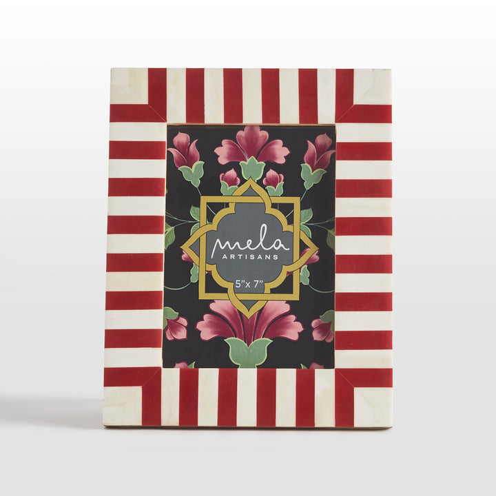 Red and white striped bone inlay photo frame 5x7 inch size on white background  