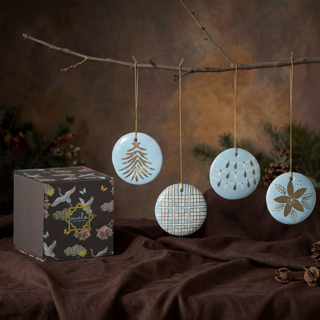 Blue Frost hand-painted paper mache Christmas ornaments set of 4 in gift box