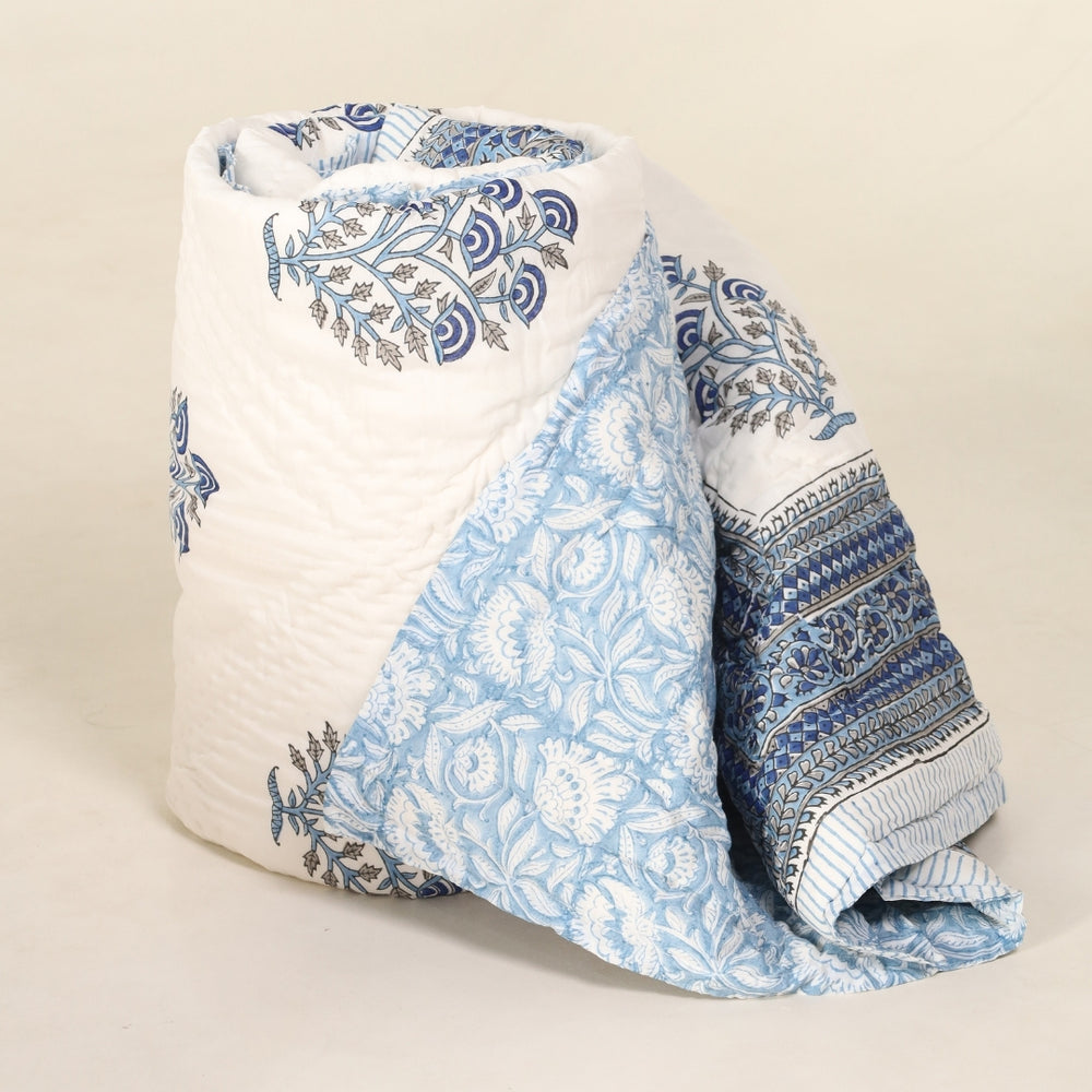 Mughal floral hand blockprinted reversible cotton quilt