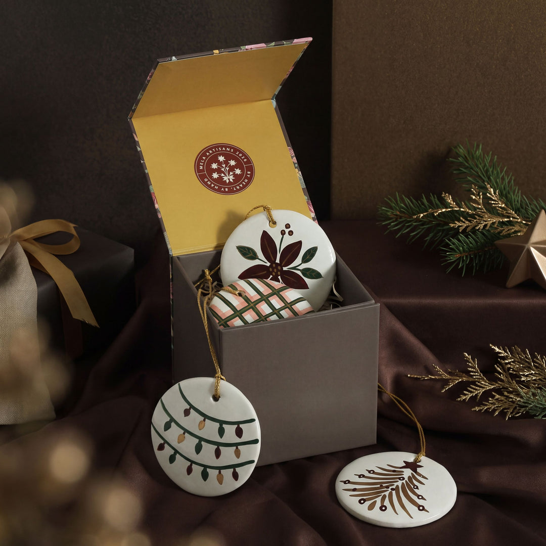 White Frost hand-painted paper mache Christmas ornaments set of 4 in gift box