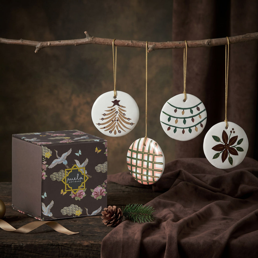 White Frost hand-painted paper mache Christmas ornaments set of 4 in gift box