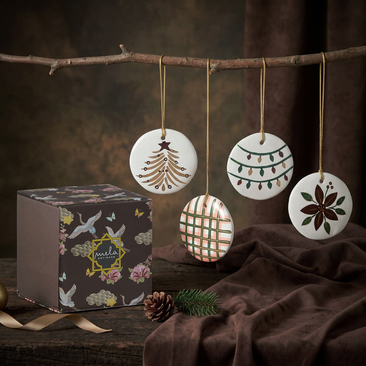 White Frost hand-painted paper mache Christmas ornaments set of 4 in gift box