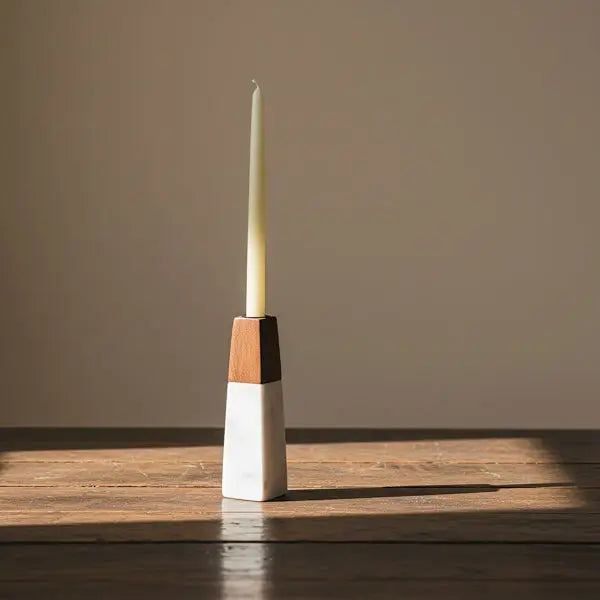 Tapered Marble & Acacia Candleholder