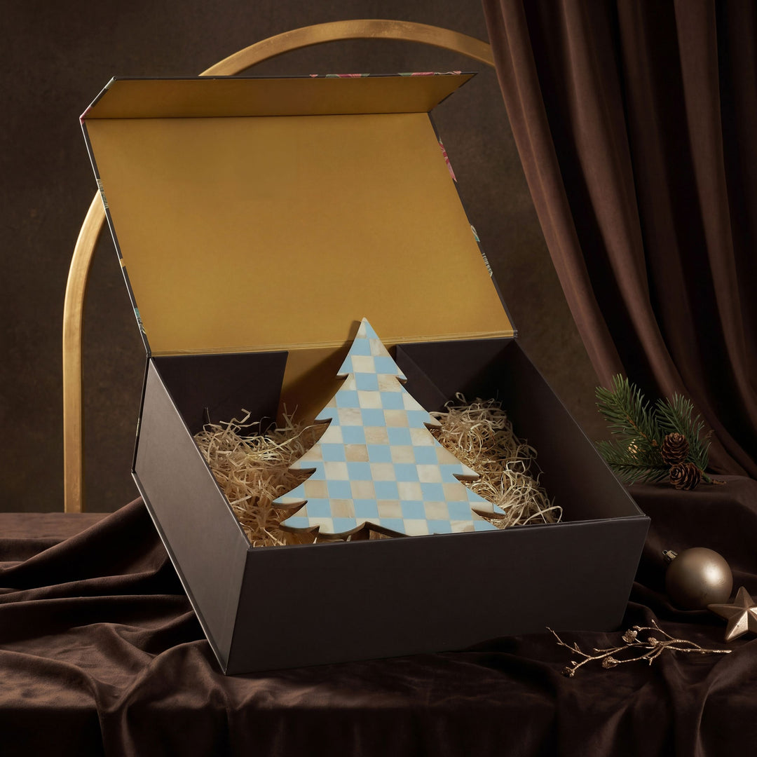 Blue and white frost bone inlay standing tree decor 12 inch high on wooden base in gift box