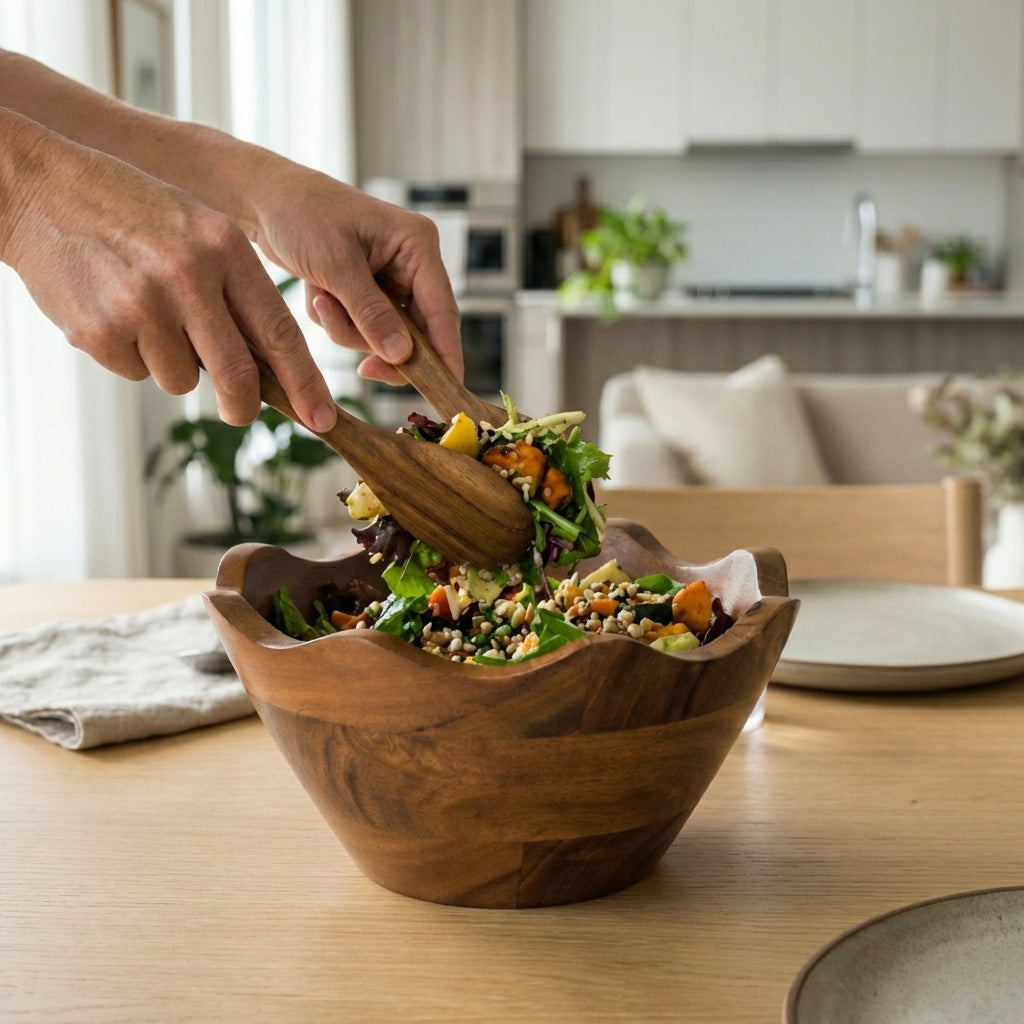 Sustainable hardwood scalloped bowl showcasing deep brown and gold wood tones.